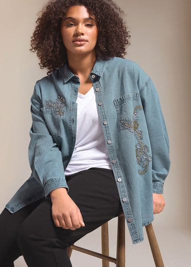 EVANS Curve Blue Denim Sequin Embellished Shirt