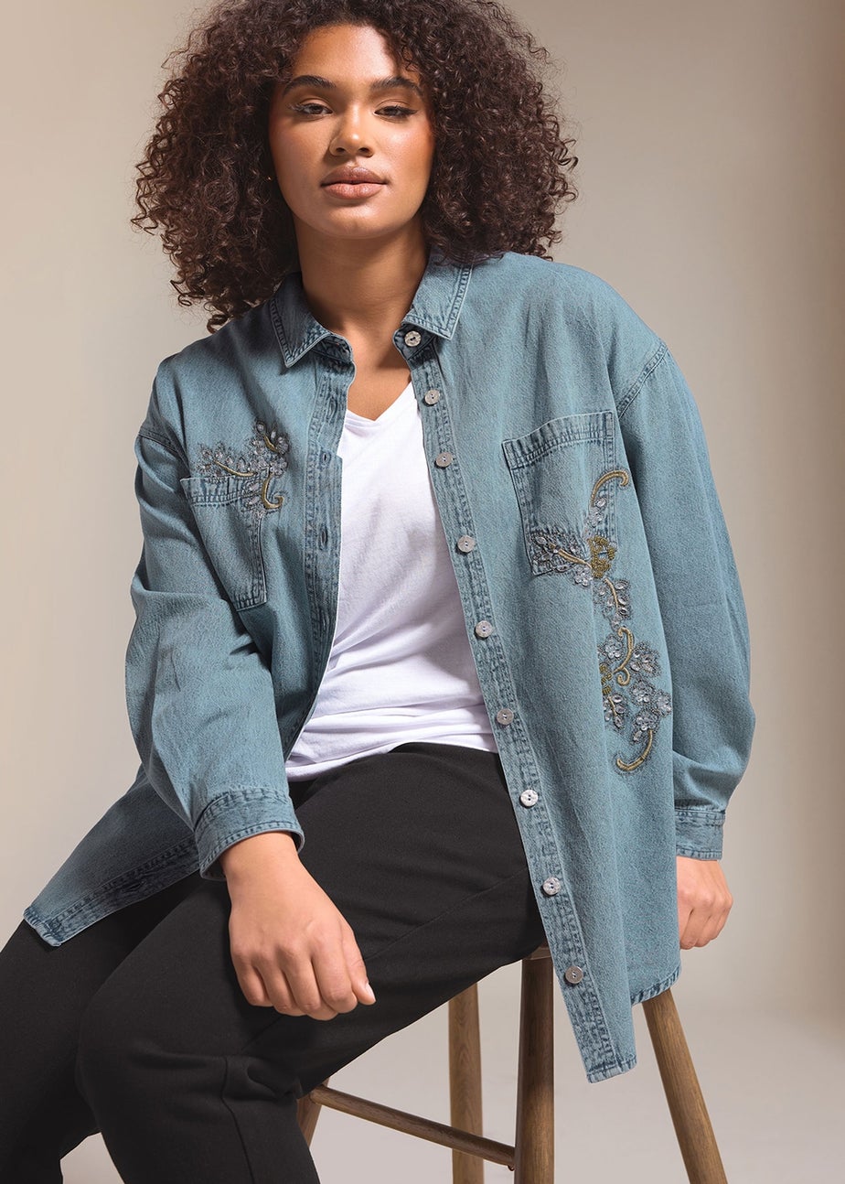 EVANS Curve Blue Denim Sequin Embellished Shirt