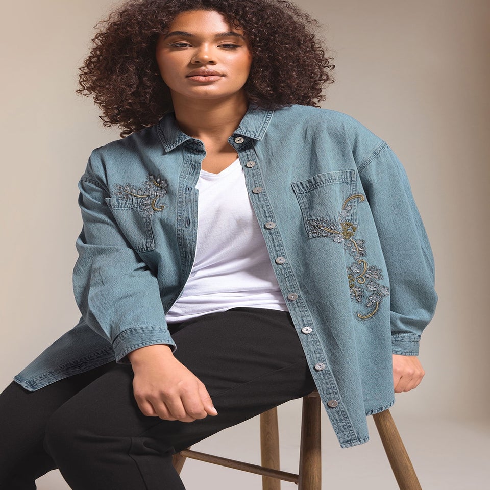 EVANS Curve Blue Denim Sequin Embellished Shirt