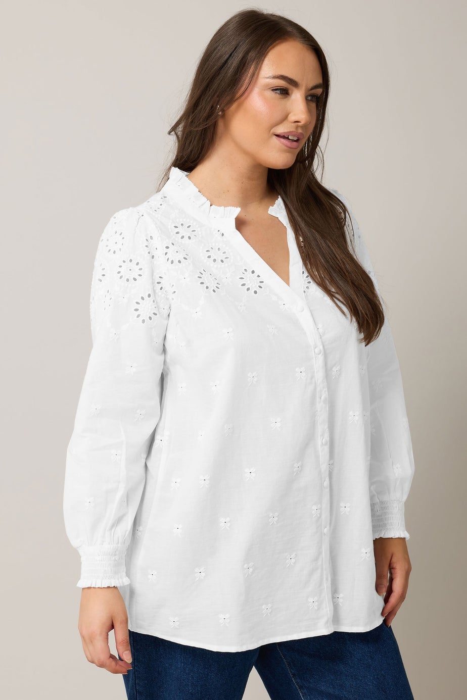 EVANS Curve White Broderie Cotton Blouse