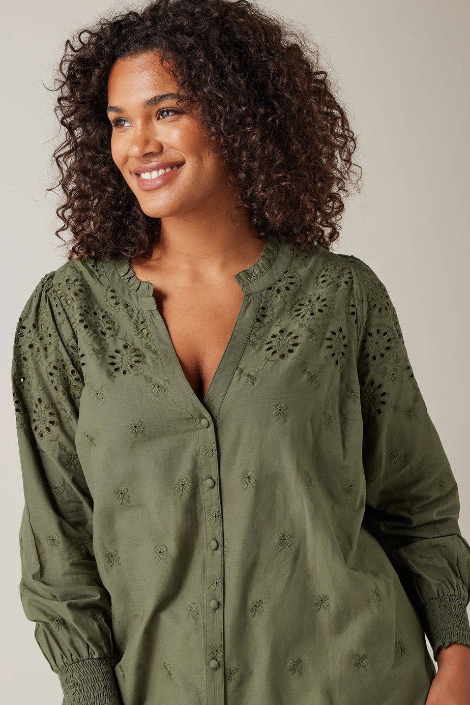 EVANS Curve Khaki Green Broderie Cotton Blouse