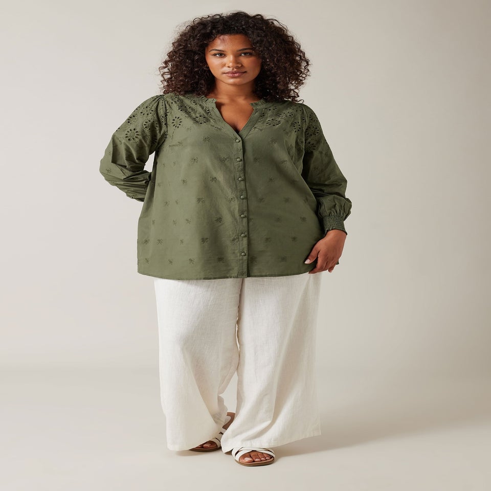 EVANS Curve Khaki Green Broderie Cotton Blouse