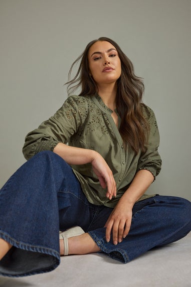 EVANS Curve Khaki Green Broderie Cotton Blouse