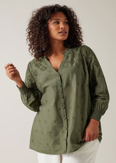 EVANS Curve Khaki Green Broderie Cotton Blouse