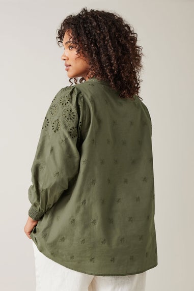 EVANS Curve Khaki Green Broderie Cotton Blouse