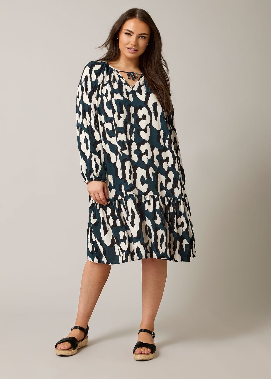 Evans Curve Navy Blue Animal Print Tiered Mini Dress