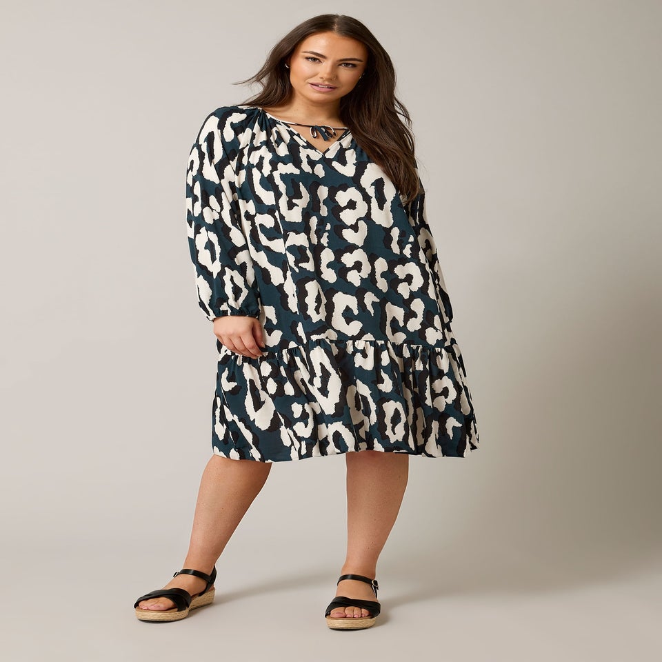 Evans Curve Navy Blue Animal Print Tiered Mini Dress
