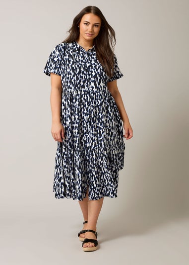 Evans Curve Navy Blue Abstract Print Midi Shirt Dress
