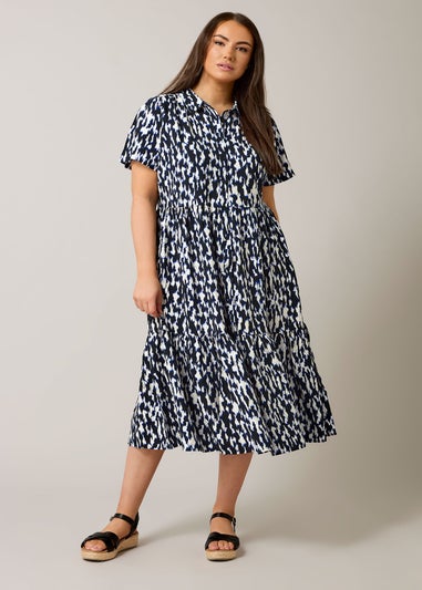 Evans Curve Navy Blue Abstract Print Midi Shirt Dress
