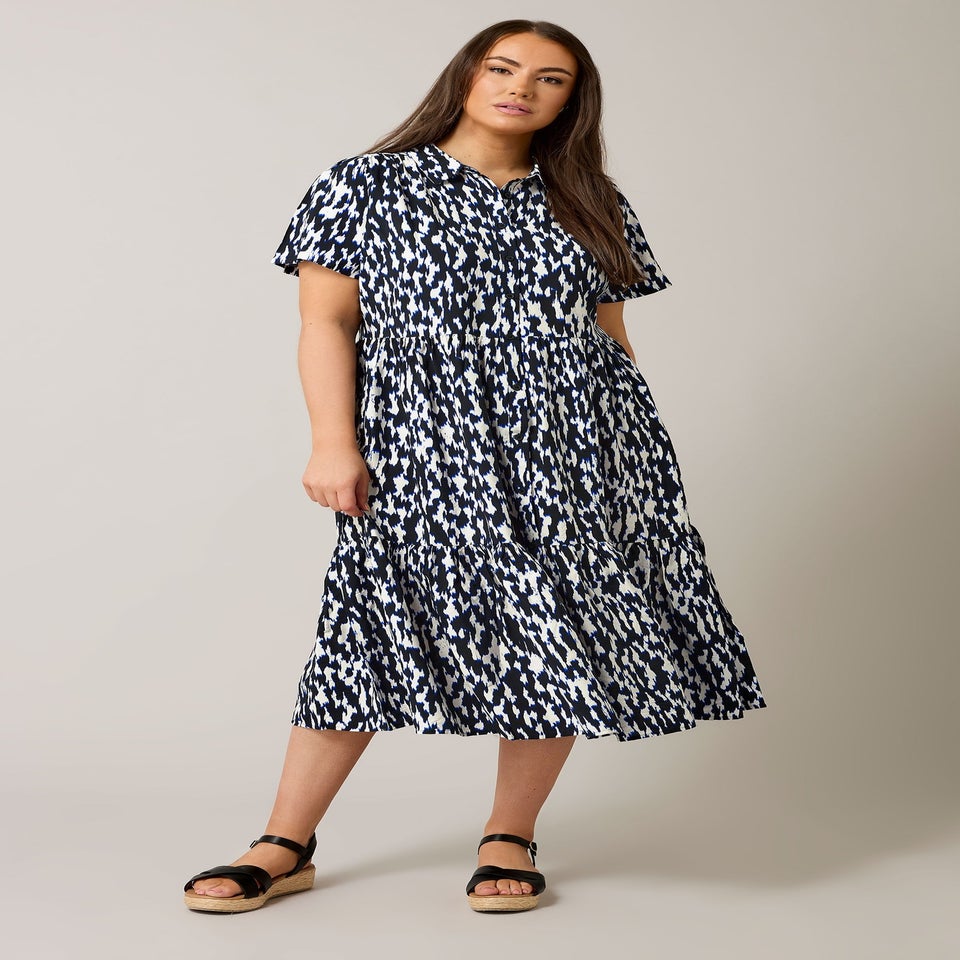 Evans Curve Navy Blue Abstract Print Midi Shirt Dress