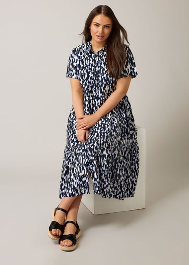 Evans Curve Navy Blue Abstract Print Midi Shirt Dress