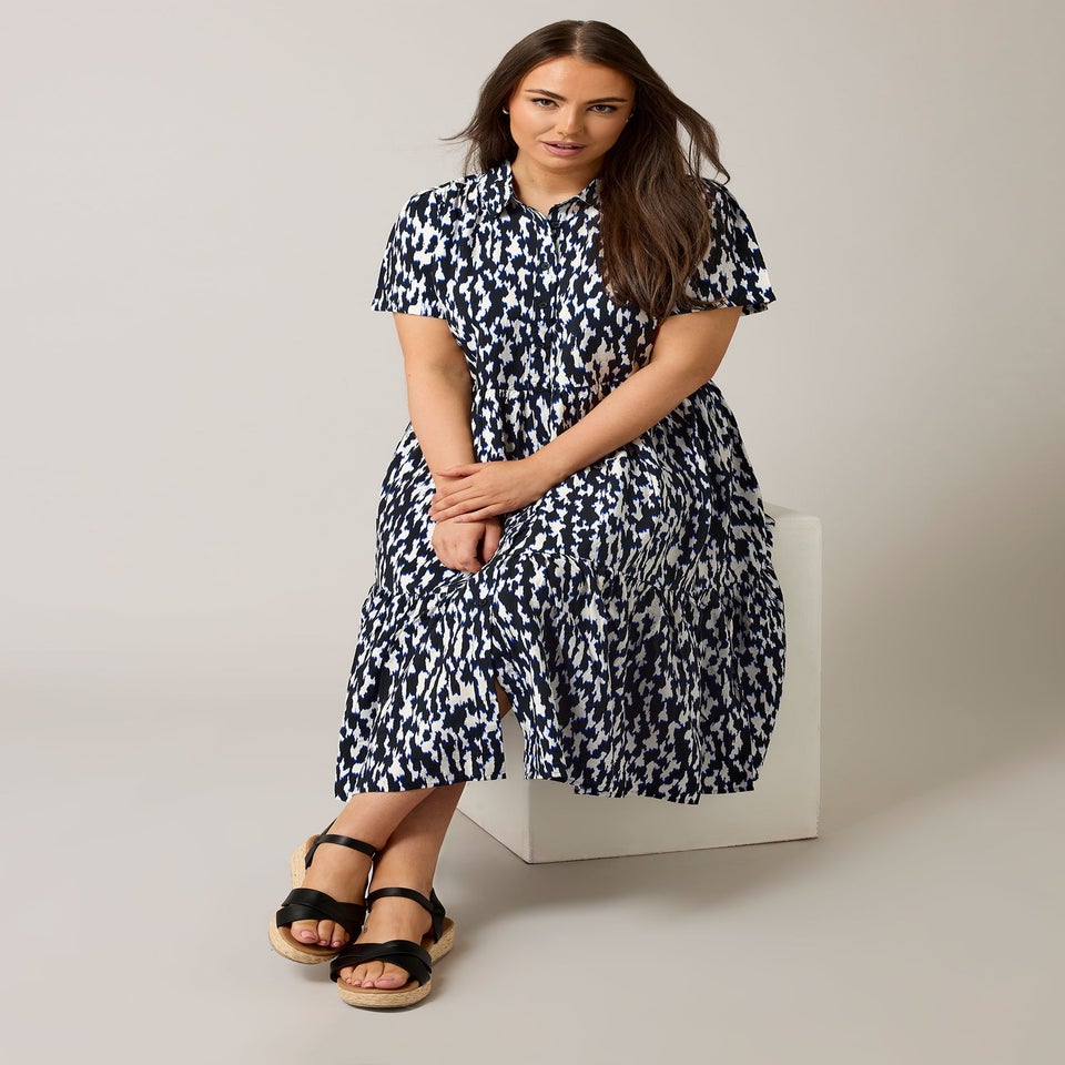 Evans Curve Navy Blue Abstract Print Midi Shirt Dress