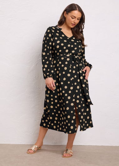 Evans Curve Black Spot Print Split Front Dress