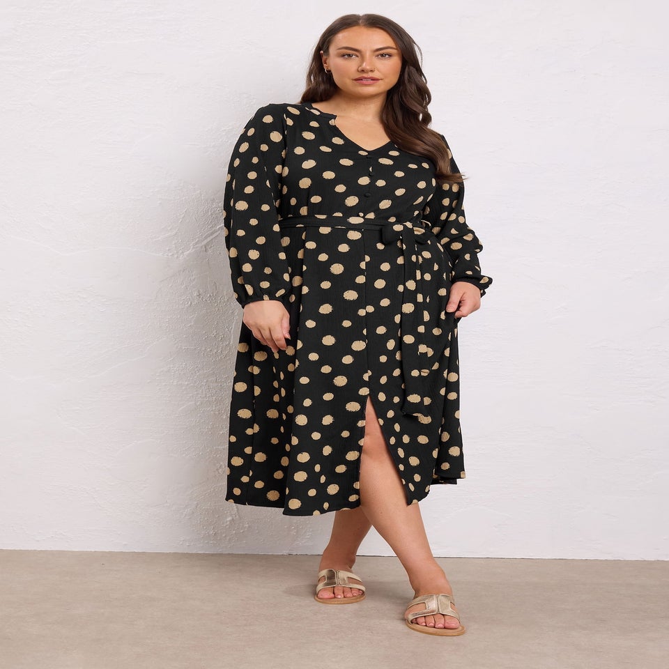 Evans Curve Black Spot Print Split Front Dress