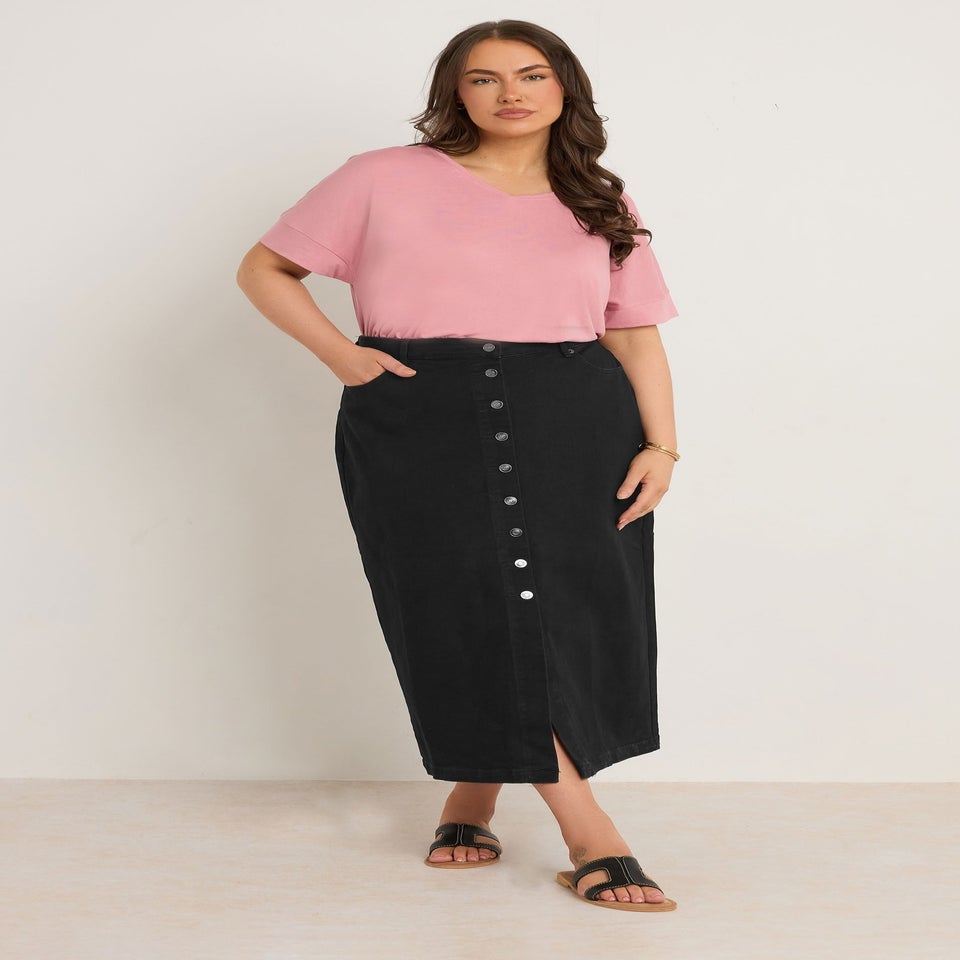Evans Curve Black Button Through Denim Maxi Skirt