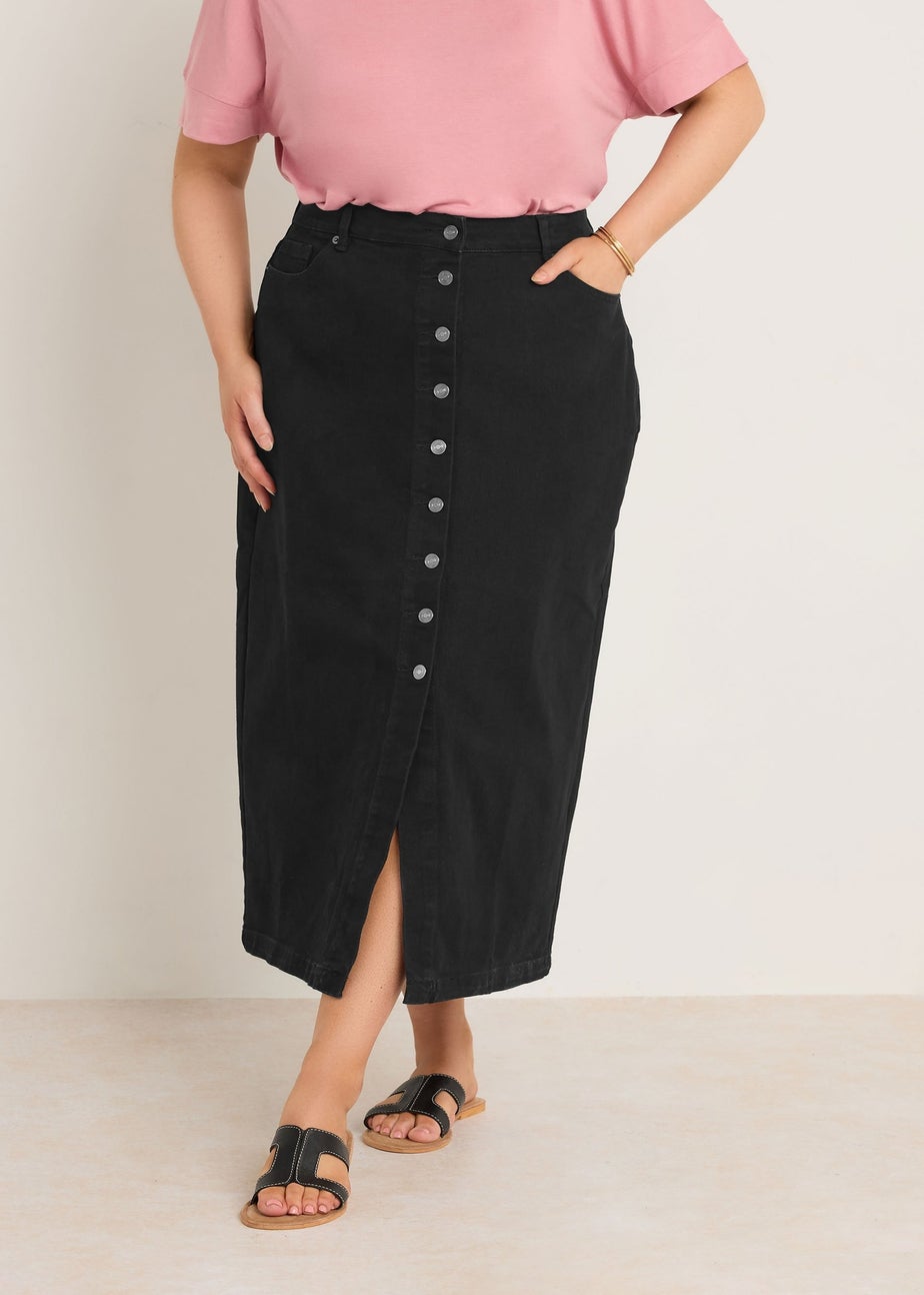 Evans Curve Black Button Through Denim Maxi Skirt
