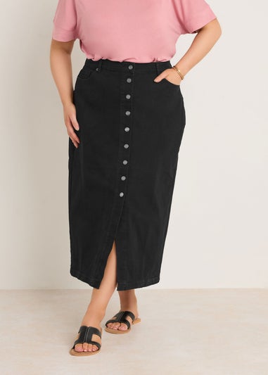Evans Curve Black Button Through Denim Maxi Skirt
