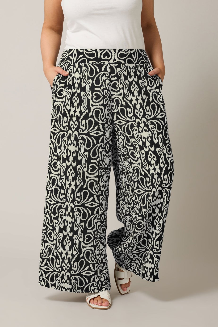 Evans Curve Black & White Abstract Print Wide Leg Trousers