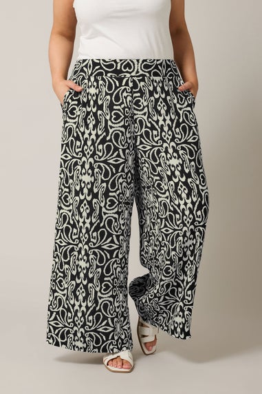 Evans Curve Black & White Abstract Print Wide Leg Trousers
