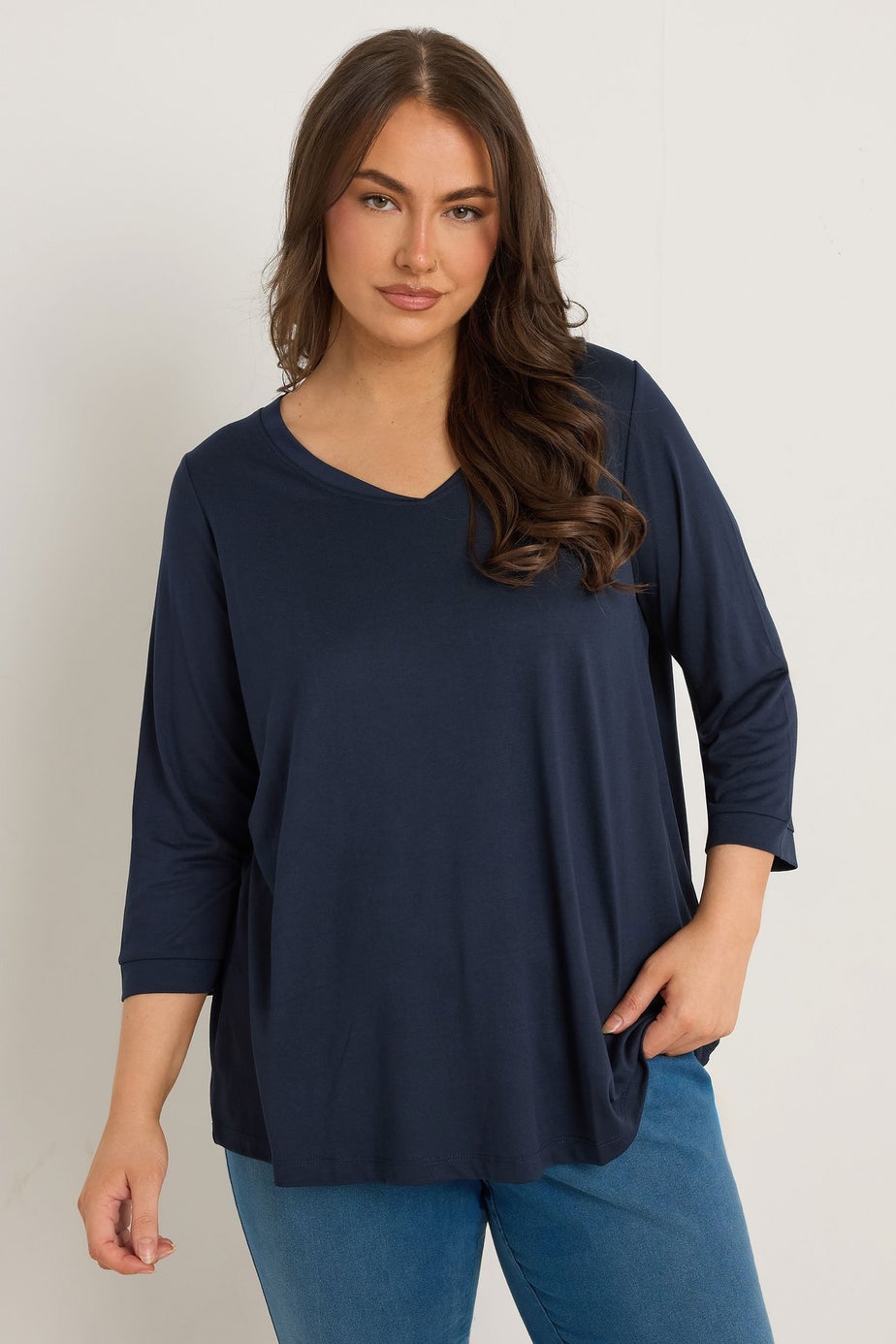 Evans Curve Navy Blue V-Neck Modal Rich Top
