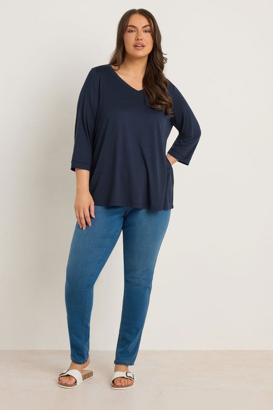 Evans Curve Navy Blue V-Neck Modal Rich Top
