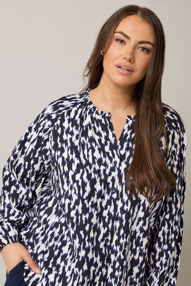 EVANS Curve Black & White Abstract Print Frill Neck Blouse