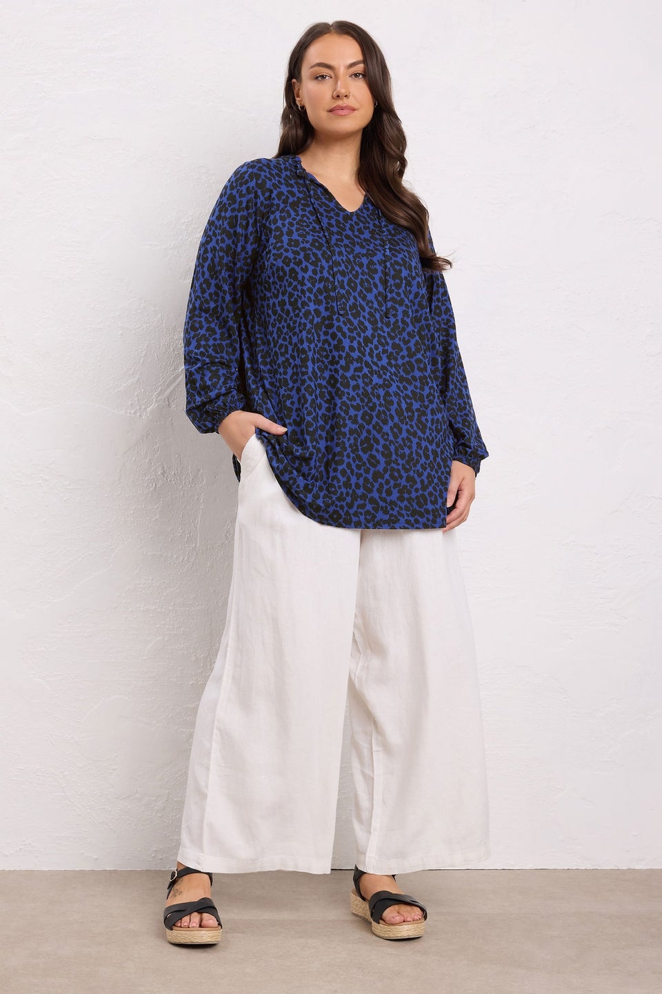 EVANS Curve Blue Animal Print Tie Neck Top