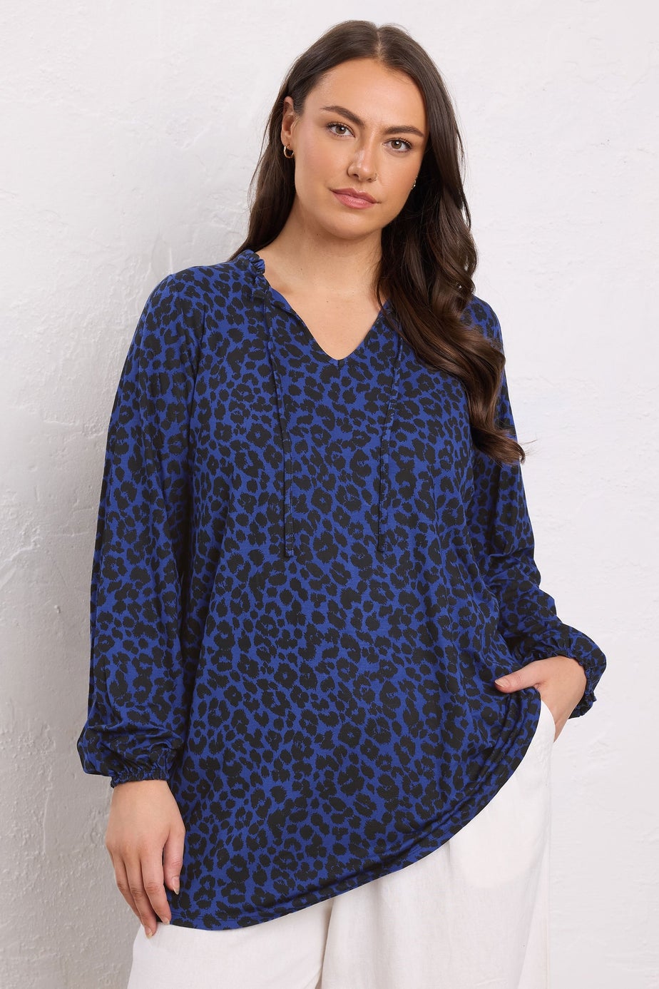 EVANS Curve Blue Animal Print Tie Neck Top