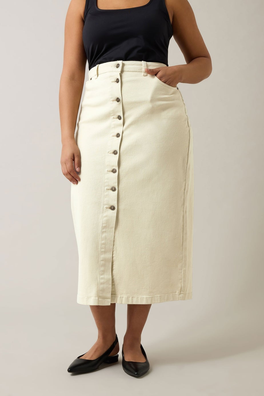 Evans Curve Cream Button Through Denim Maxi Skirt