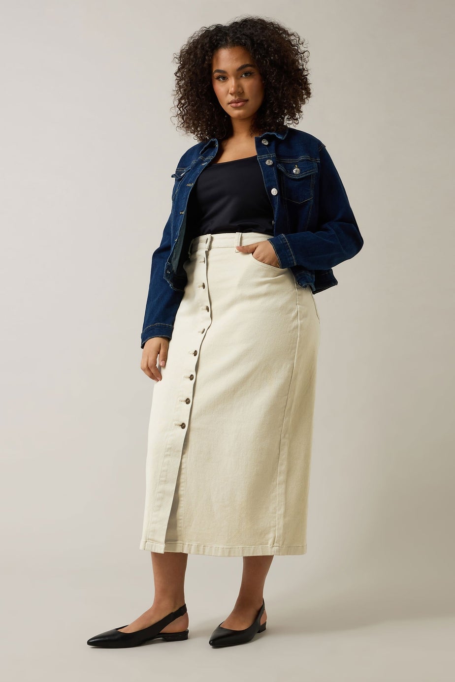 Evans Curve Cream Button Through Denim Maxi Skirt