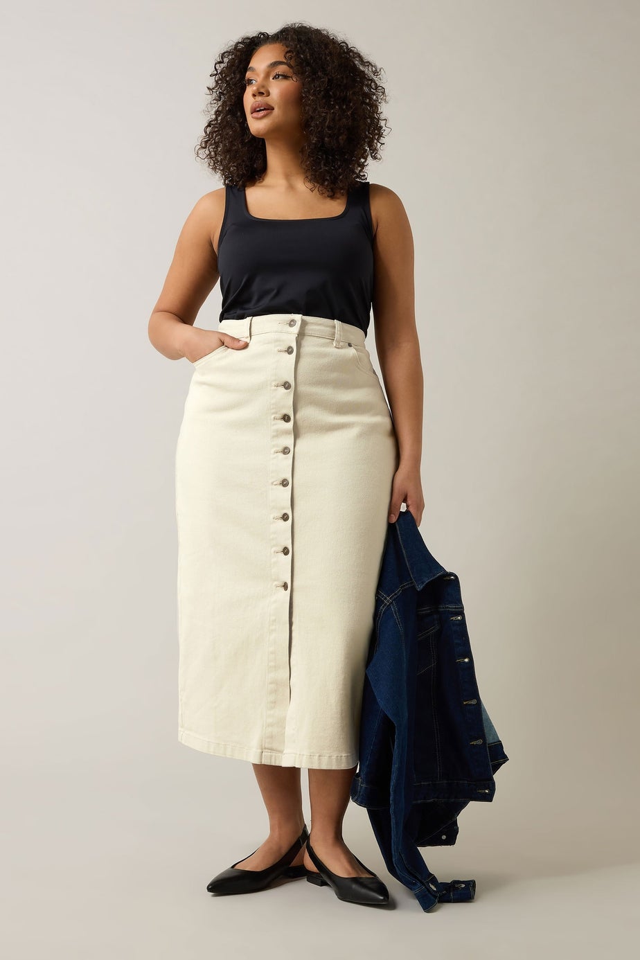 Evans Curve Cream Button Through Denim Maxi Skirt
