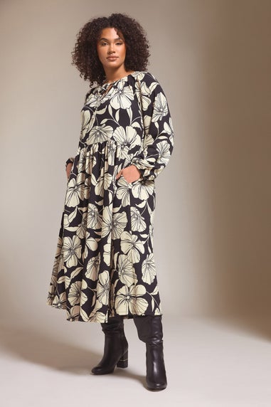 Evans Curve Black Contrast Floral Jersey Crepe Dress