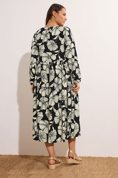 Evans Curve Black Contrast Floral Jersey Crepe Dress