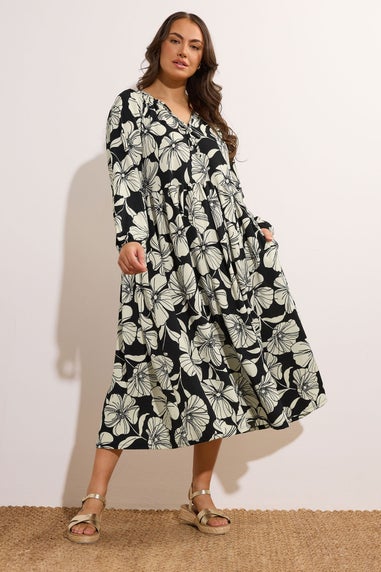 Evans Curve Black Contrast Floral Jersey Crepe Dress