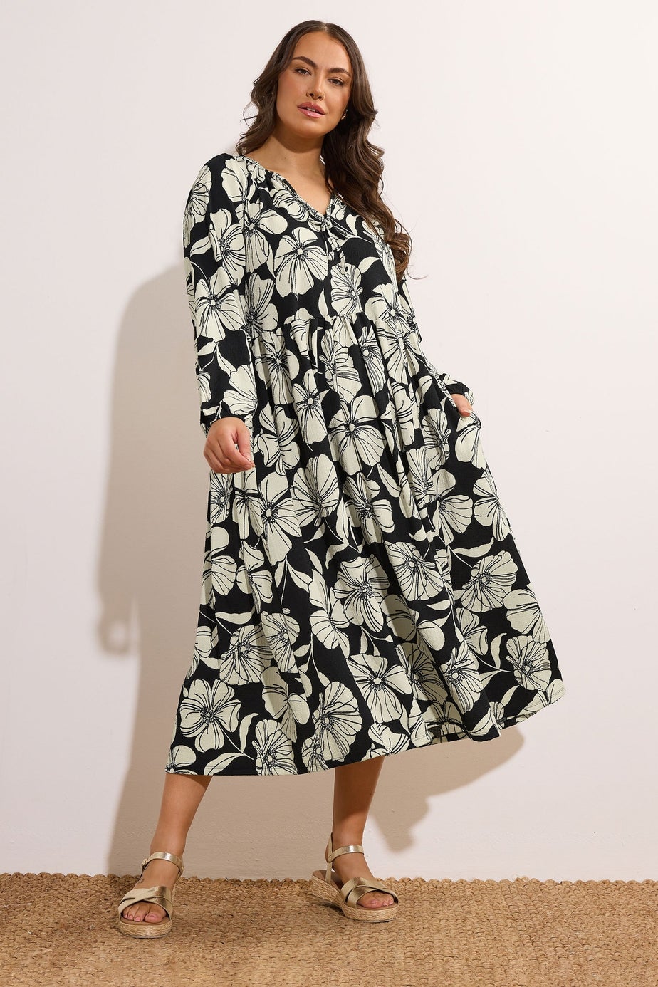 Evans Curve Black Contrast Floral Jersey Crepe Dress