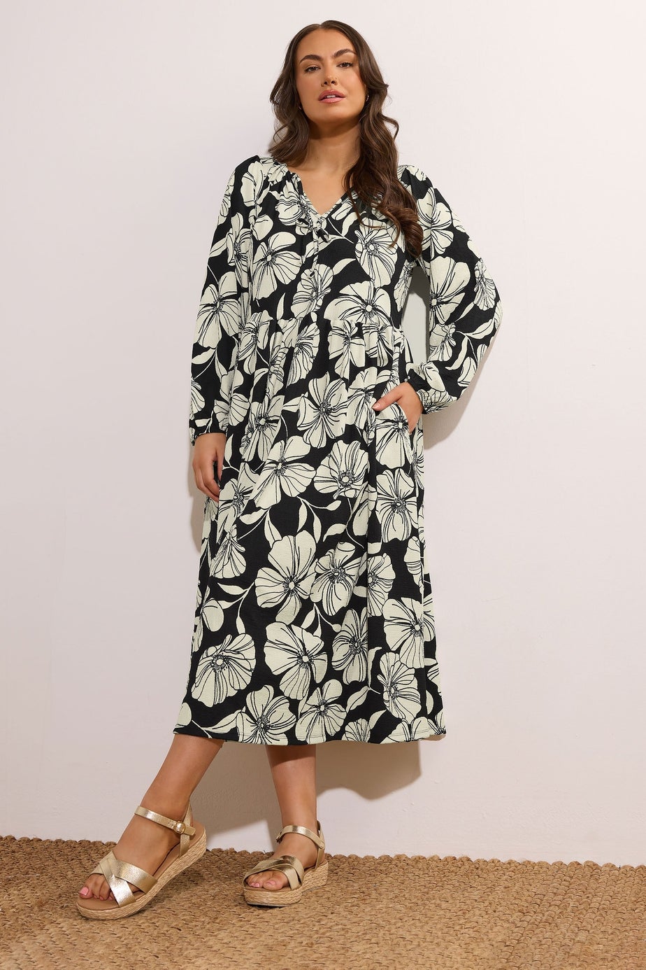 Evans Curve Black Contrast Floral Jersey Crepe Dress