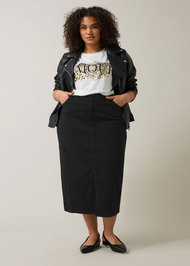 Evans Curve Black Split Hem Denim Midi Skirt