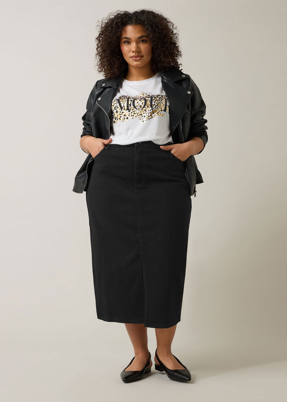 Evans Curve Black Split Hem Denim Midi Skirt