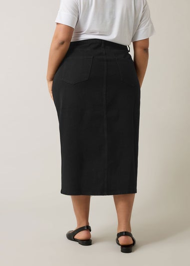 Evans Curve Black Split Hem Denim Midi Skirt