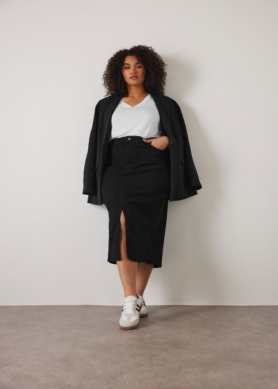 Evans Curve Black Split Hem Denim Midi Skirt