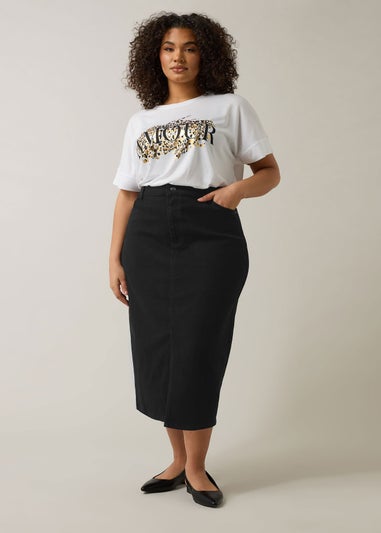Evans Curve Black Split Hem Denim Midi Skirt