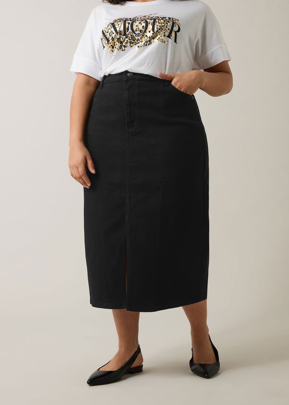 Evans Curve Black Split Hem Denim Midi Skirt