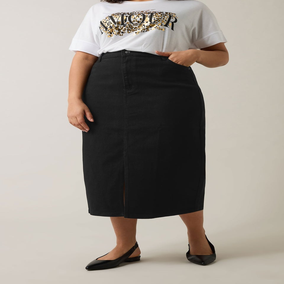 Evans Curve Black Split Hem Denim Midi Skirt