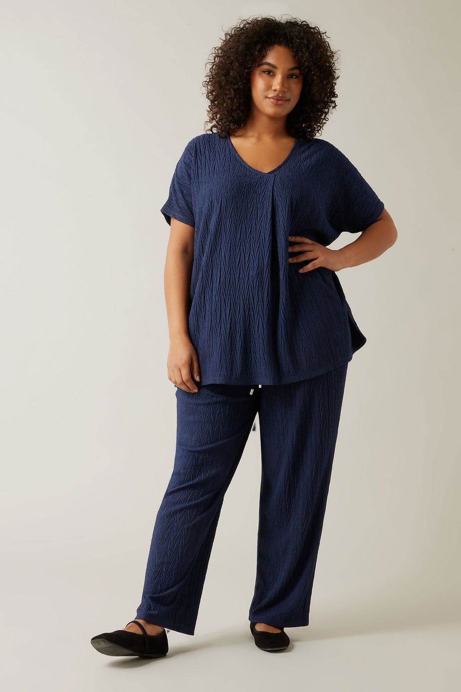 Evans Curve Navy Blue Plisse Wide Leg Trousers