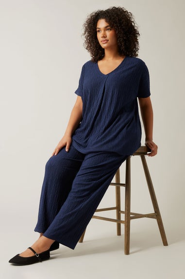 Evans Curve Navy Blue Plisse Wide Leg Trousers