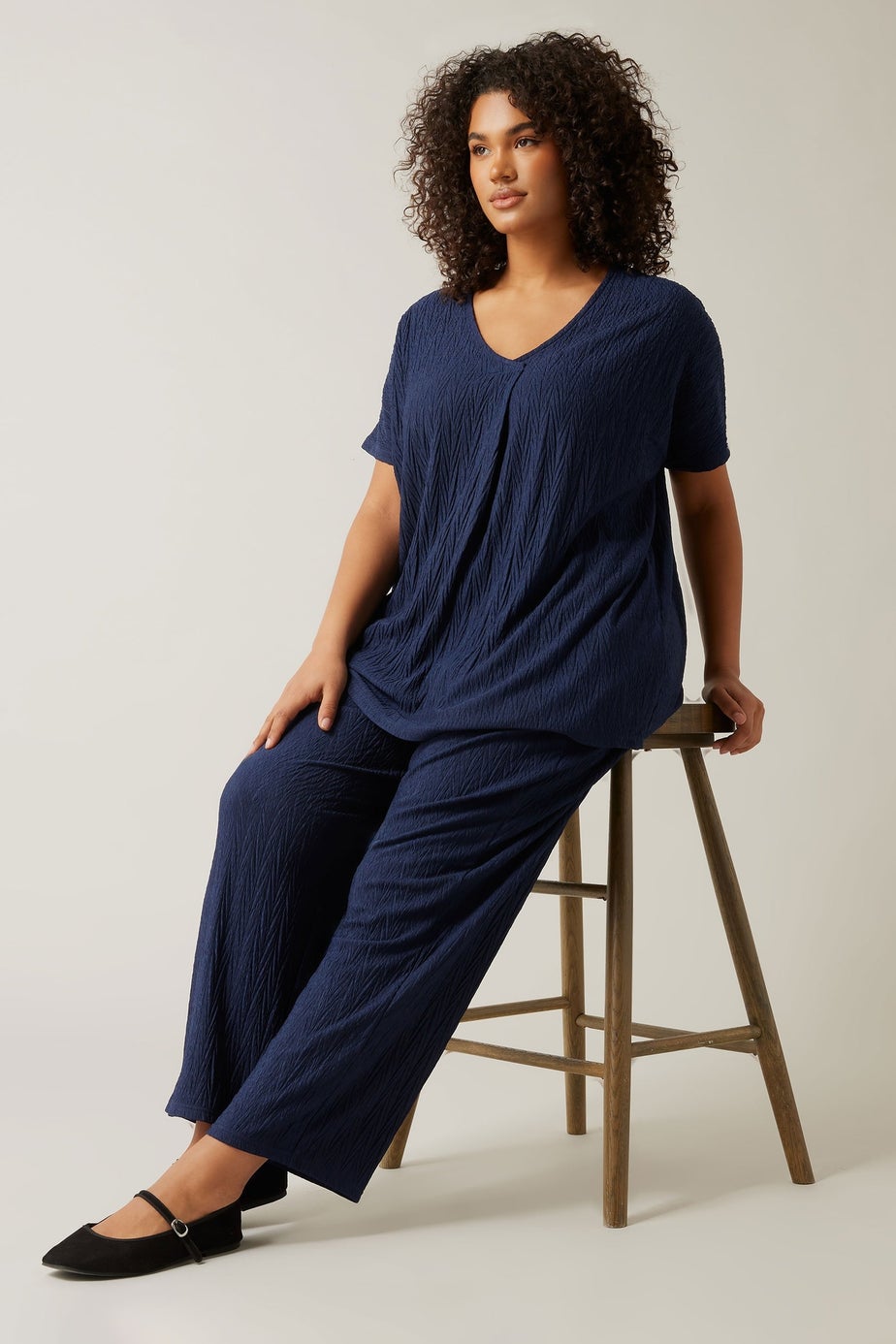 Evans Curve Navy Blue Plisse Wide Leg Trousers