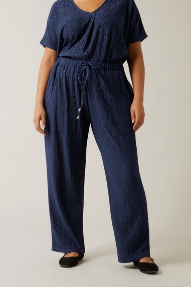 Evans Curve Navy Blue Plisse Wide Leg Trousers