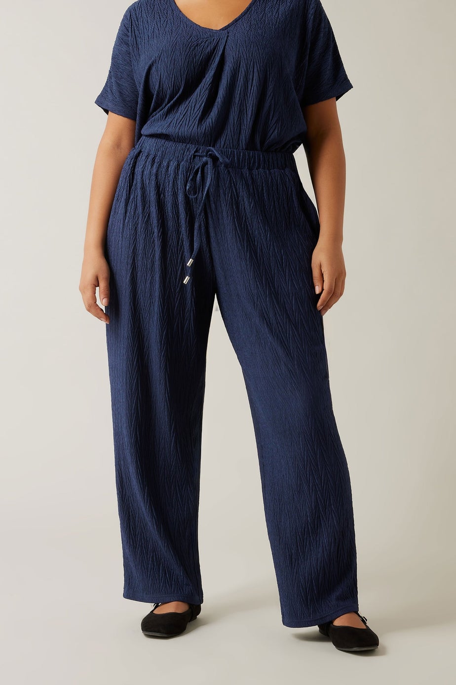 Evans Curve Navy Blue Plisse Wide Leg Trousers