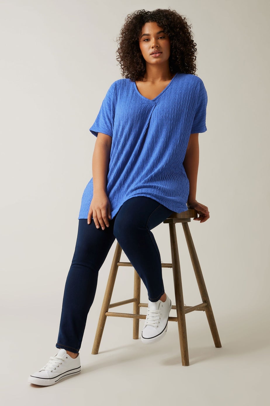 Evans Curve Blue Plisse Pleat Front Top