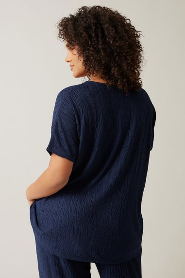 Evans Curve Navy Blue Plisse Pleat Front Top
